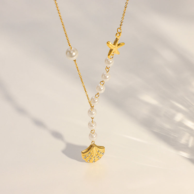 Pearl Starfish Shell Necklace 18K Gold Plated Stainless Steel