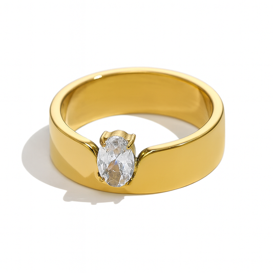 Oval Stone Band Ring 18K Gold Plated Stainless Steel