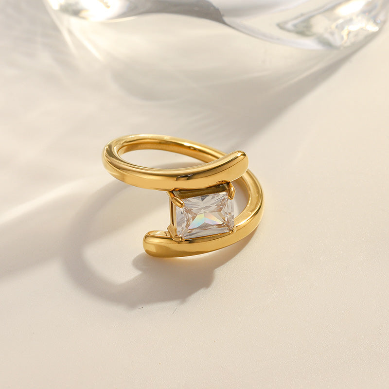 Unique Square Stone Gold Ring 18K Gold Plated Stainless Steel