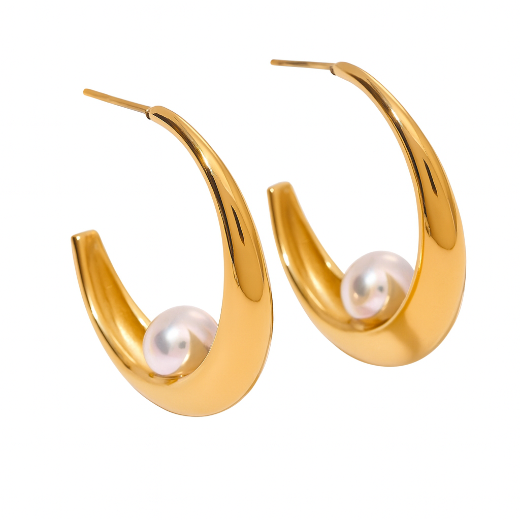 Unique Sculpted Pearl Hoop Earrings 18K Gold Plated Stainless Steel