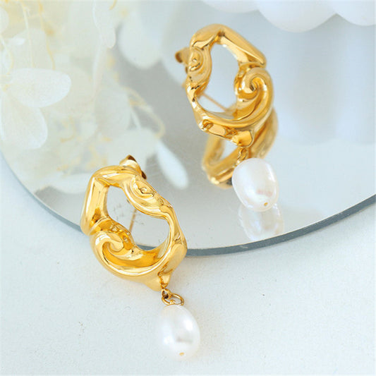 Gold Pearl Drop Earrings 18K Gold Plated Stainless Steel