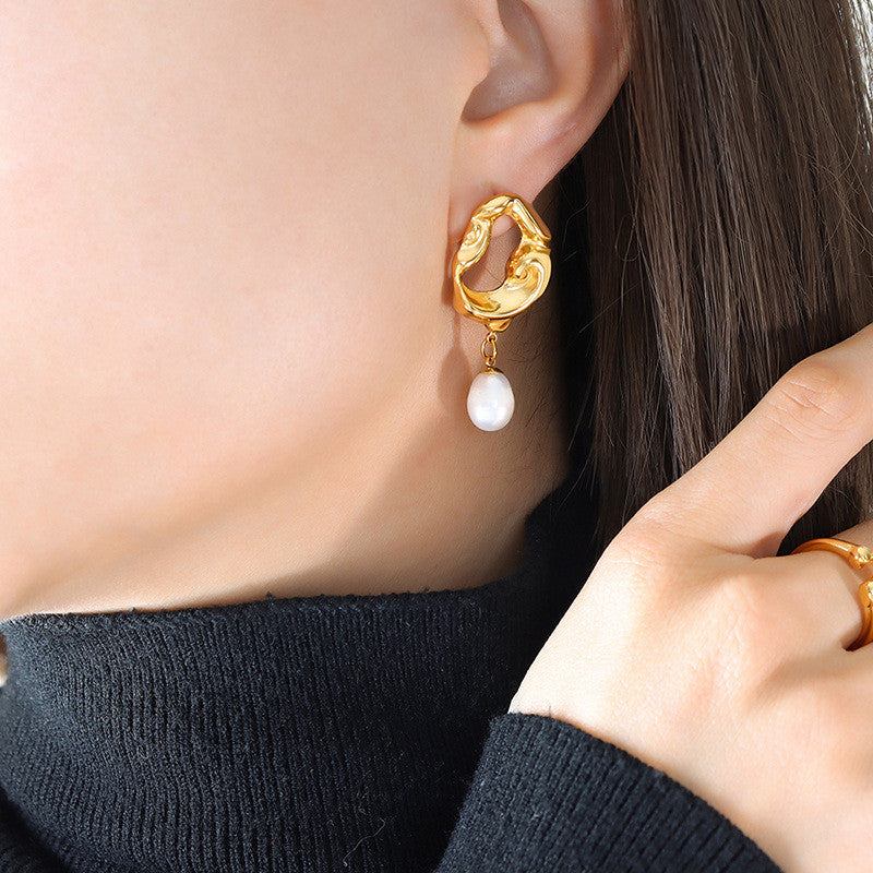 Gold Pearl Drop Earrings 18K Gold Plated Stainless Steel