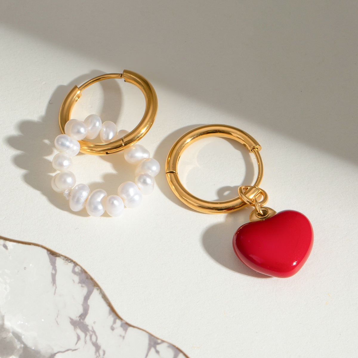 Heart and Pearl Hoop Earrings 18K Gold Plated Stainless Steel