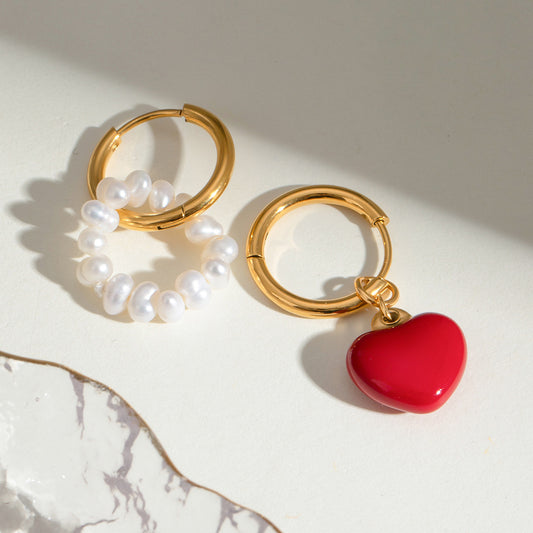 Heart and Pearl Hoop Earrings 18K Gold Plated Stainless Steel