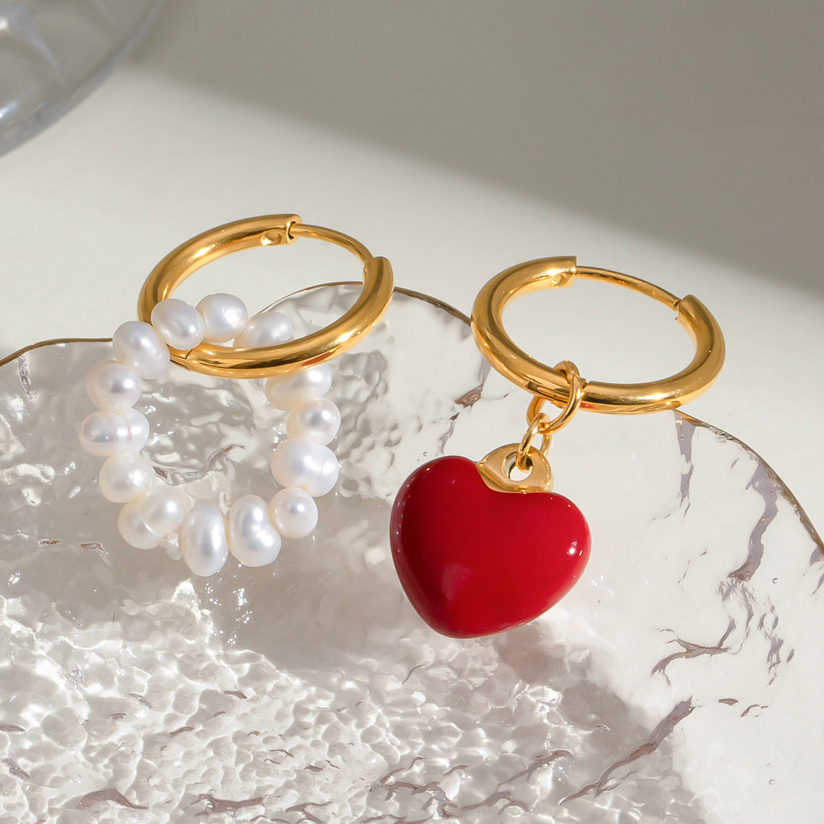 Heart and Pearl Hoop Earrings 18K Gold Plated Stainless Steel