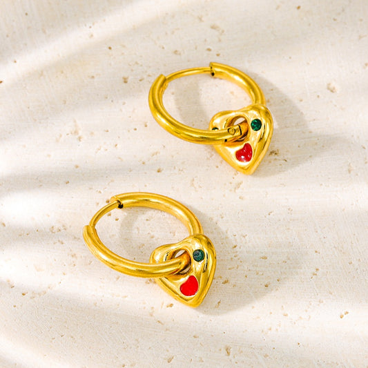 Gold Heart Charm Hoop Earrings 18K Gold Plated Stainless Steel