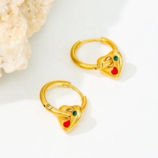 Gold Heart Charm Hoop Earrings 18K Gold Plated Stainless Steel