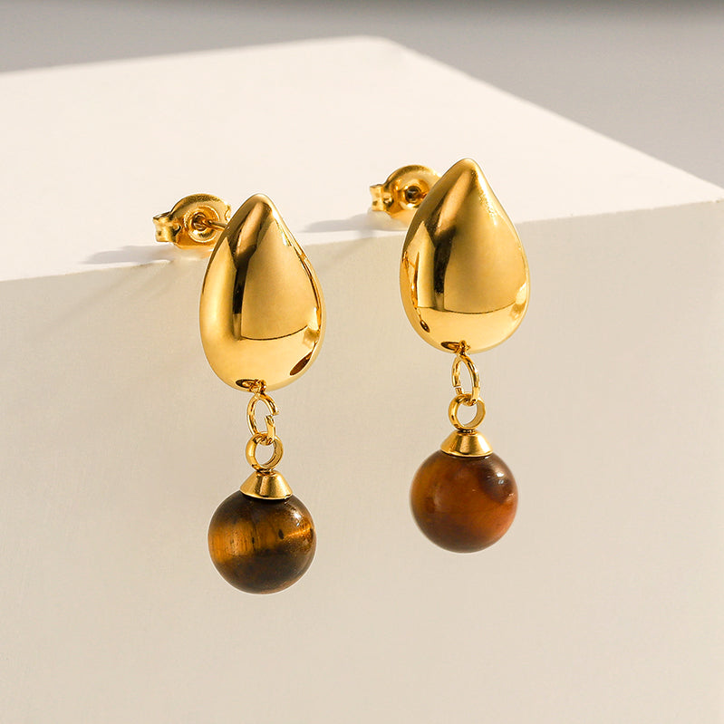 Tiger’s Eye Water Drop Earrings 18K Gold Plated Stainless Steel