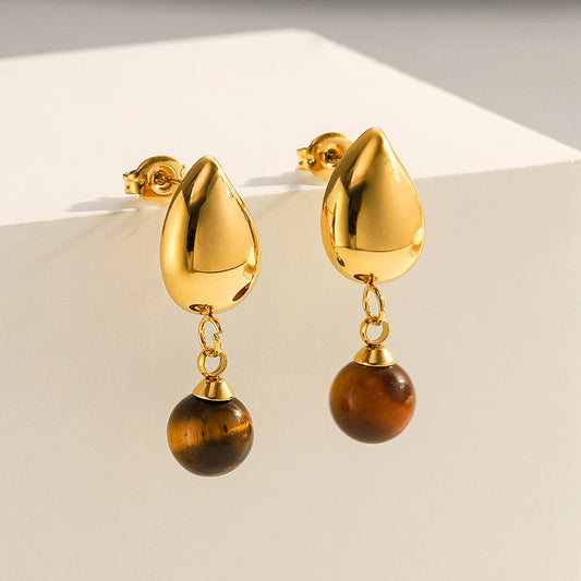Tiger’s Eye Water Drop Earrings 18K Gold Plated Stainless Steel