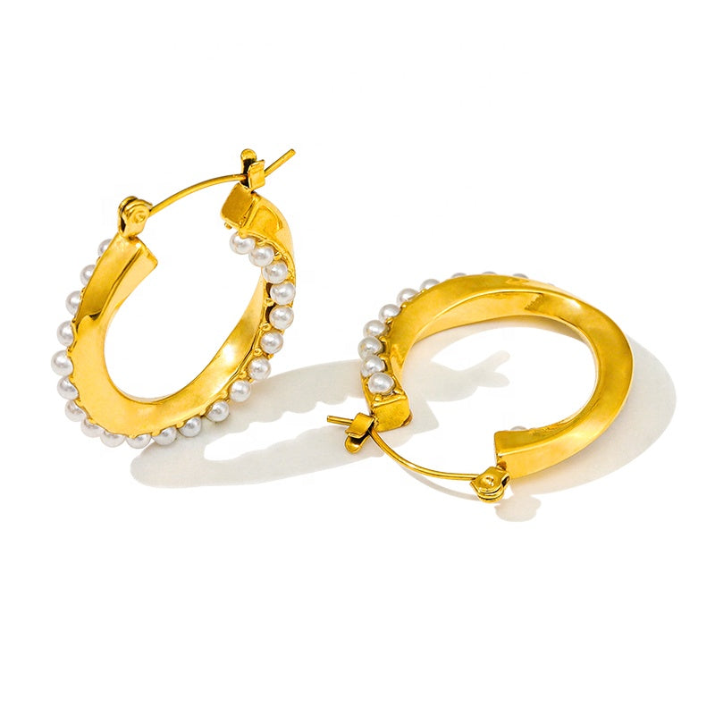 Pearl Lined Hoop Earrings 18K Gold Plated Stainless Steel