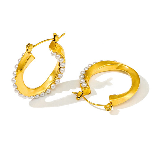 Pearl Lined Hoop Earrings 18K Gold Plated Stainless Steel