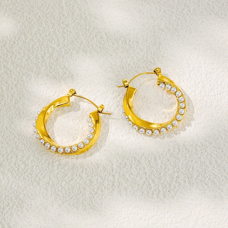 Pearl Lined Hoop Earrings 18K Gold Plated Stainless Steel
