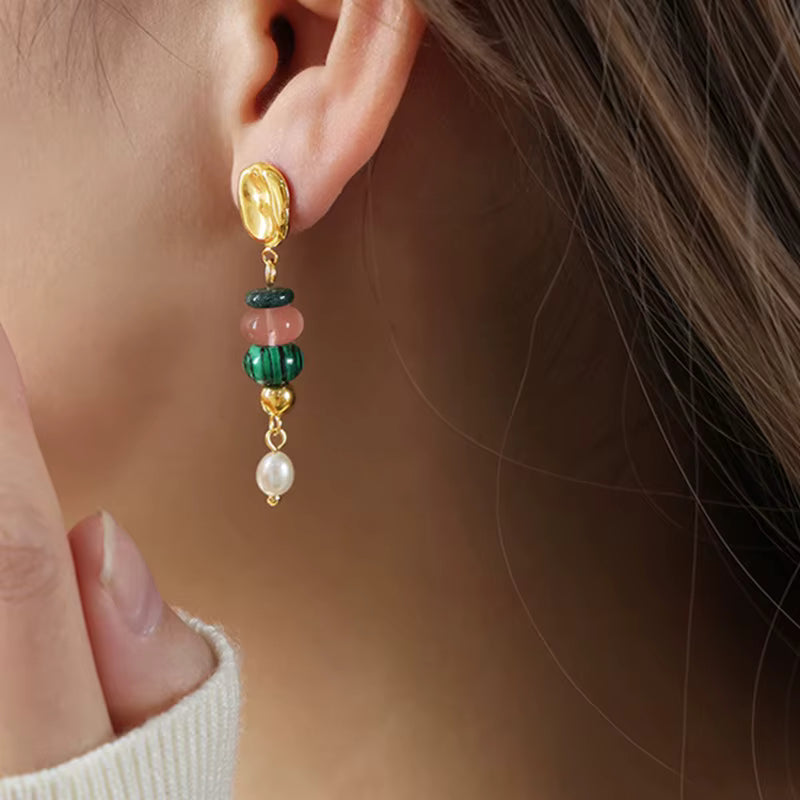 Green and Pink Gemstone Pearl Drop Stud Earrings 18K Gold Plated Stainless Steel