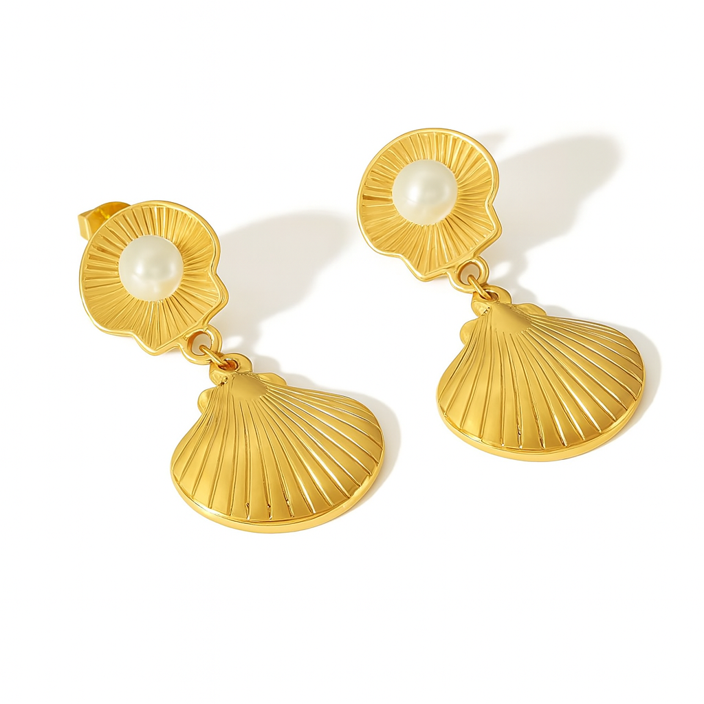 Gold Double Seashell Pearl Earrings