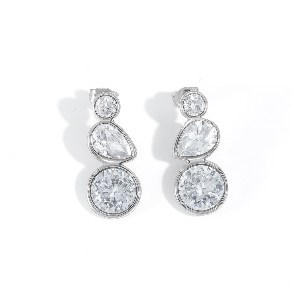 Silver Triple Zircon Drop Earrings
