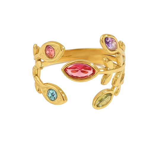 Gold Colorful Leaf Crystal Ring