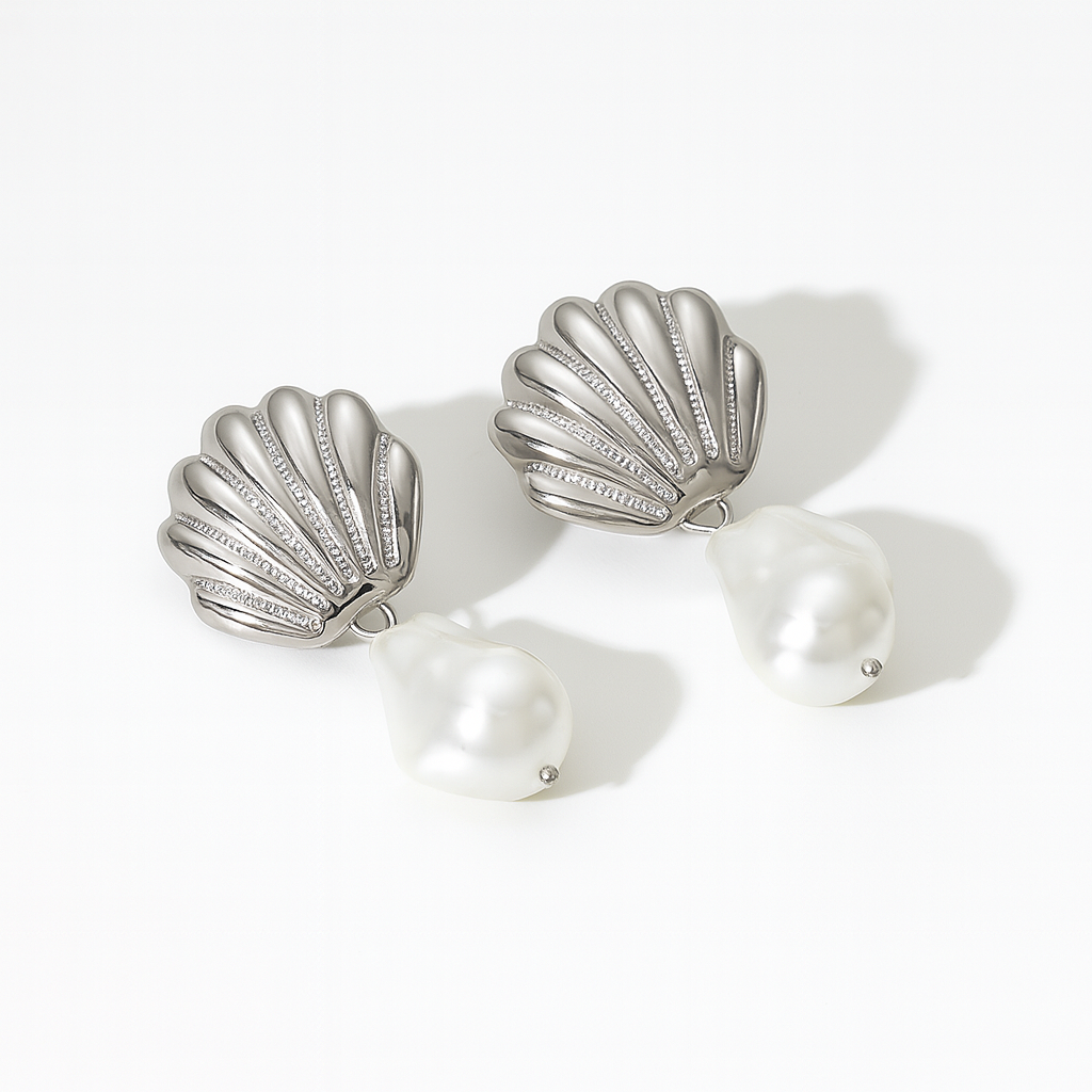 Silver Summer Seashell Pearl Drop Earrings