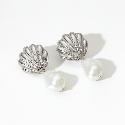 Silver Summer Seashell Pearl Drop Earrings