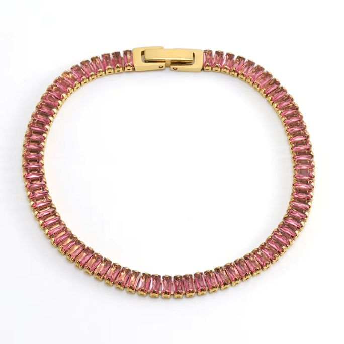 Chain Bracelet with Pink Colored Stones in 18k Gold-Plated Stainless Steel