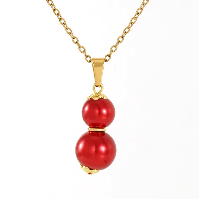 Double Pearl Necklace Red – 18K Gold Plated Stainless Stee