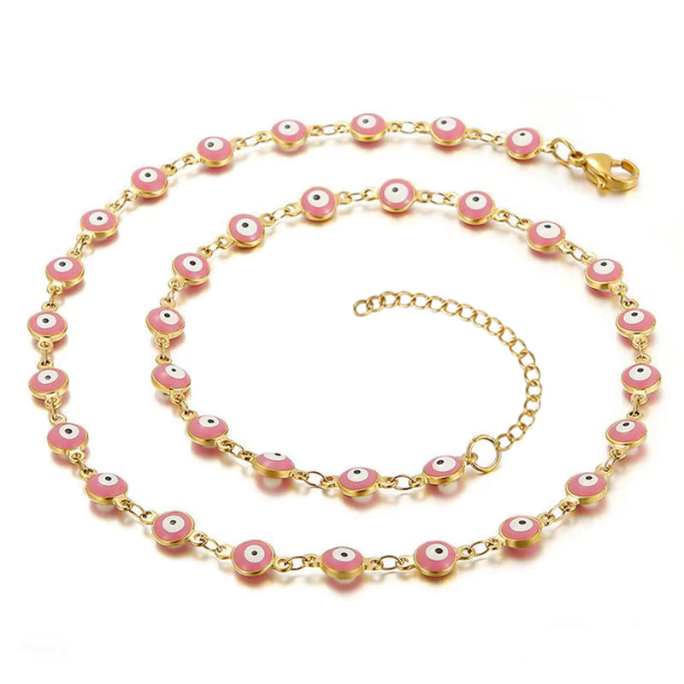 Evil Eye Necklace - 18K Gold Plated Stainless Steel - Pink